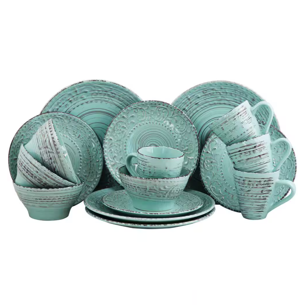 A 16-piece dinnerware set in turquoise with textured, rustic detailing, including plates, bowls, and mugs.