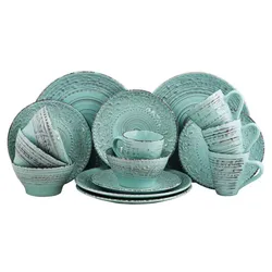 A 16-piece dinnerware set in turquoise with textured, rustic detailing, including plates, bowls, and mugs.