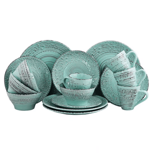 A 16-piece dinnerware set in turquoise with textured, rustic detailing, including plates, bowls, and mugs.