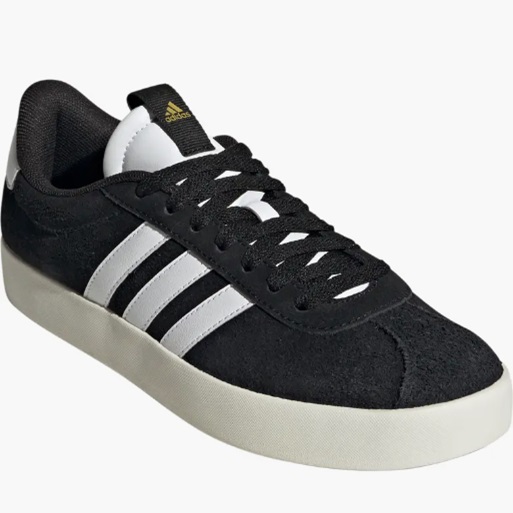 Black Adidas VL Court 3.0 sneakers with three white stripes on the side, white heel patch, and an off-white sole.