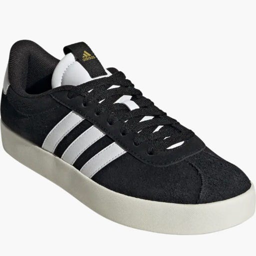 Black Adidas VL Court 3.0 sneakers with three white stripes on the side, white heel patch, and an off-white sole.