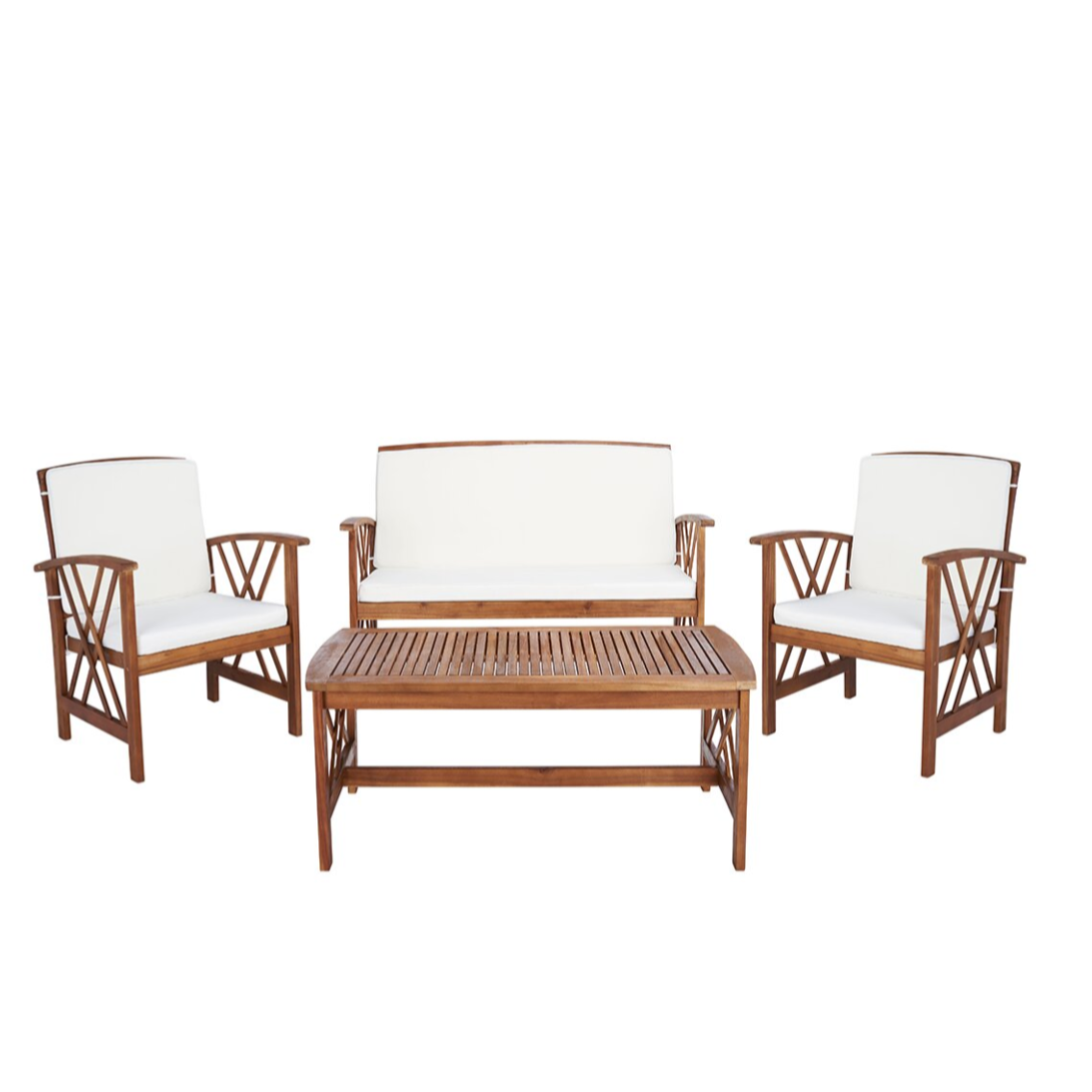 A patio furniture set featuring a wooden design with white cushions, including two armchairs, a two-seater bench, and a slatted coffee table.