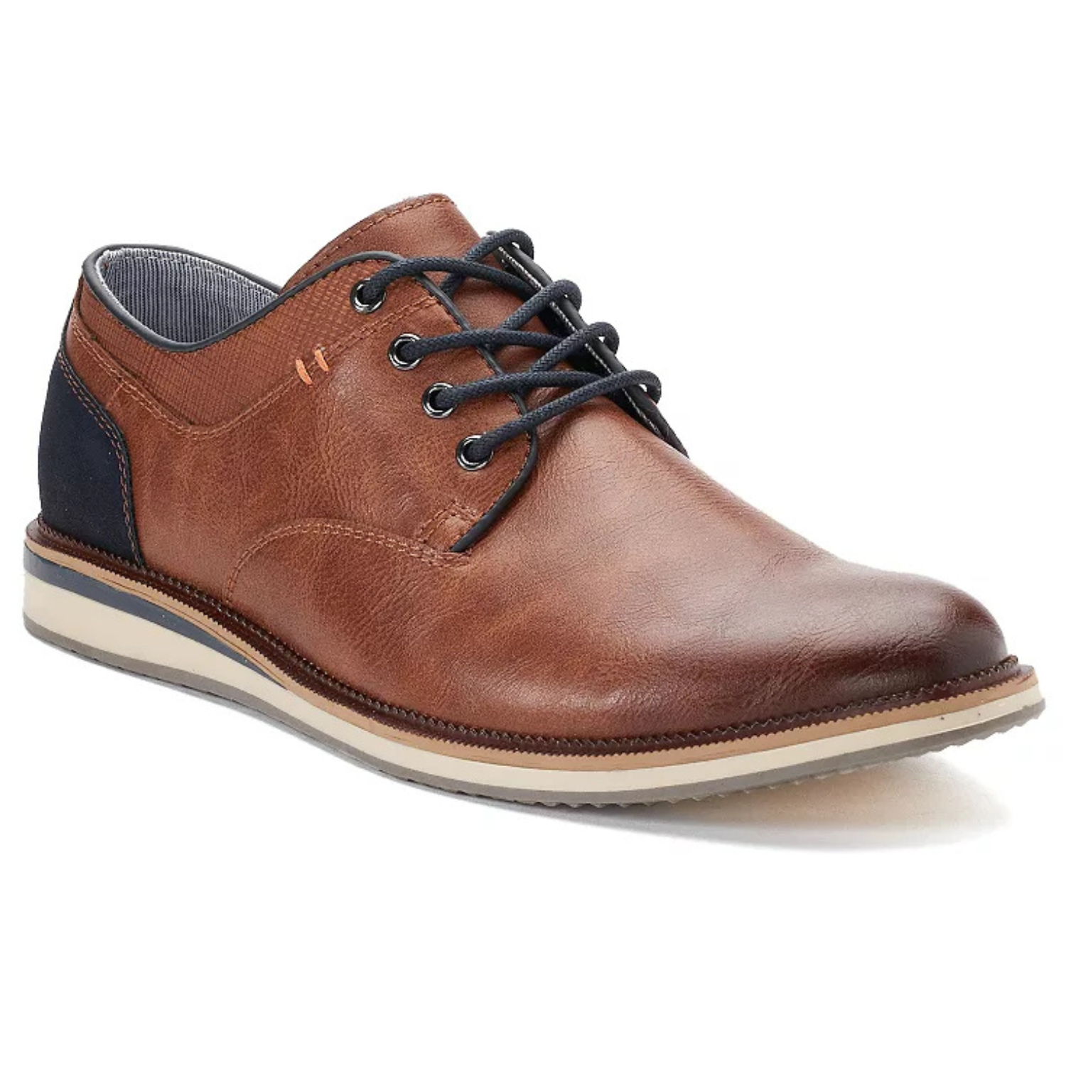 Brown leather lace-up dress shoes with a navy heel accent, padded cuff, and tan sole.