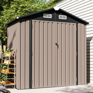 A metal outdoor storage shed with a brown and black color scheme, featuring a double door and ventilation panels at the top. Adjacent to the shed is a shelving unit holding potted plants.
