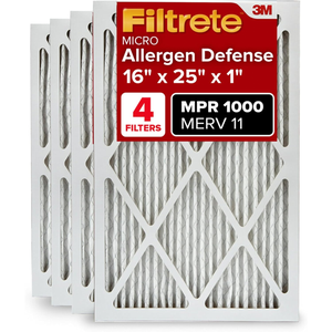 Filtrete Micro Allergen Defense air filters, 16\“x25\“x1\“, pack of 4, with MPR 1000 and MERV 11 rating.