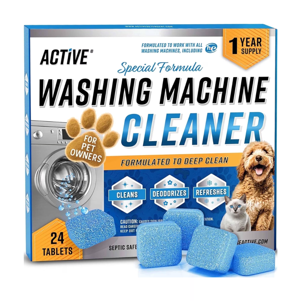 Active Washing Machine Cleaner, formulated for pet owners, offers 24 blue tablets that clean, deodorize, and refresh, working with all washing machine types.