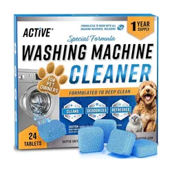 Active Washing Machine Cleaner, formulated for pet owners, offers 24 blue tablets that clean, deodorize, and refresh, working with all washing machine types.
