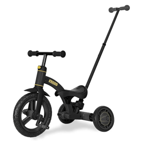 The KRIDDO Toddler Tricycle features a black frame with three wheels, a push handle, and adjustable footrests. It is designed for young children to learn balance and riding skills.