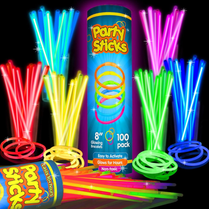 A pack of 100 Party Sticks, 8-inch glowing bracelets in various colors, labeled as easy to activate, glowing for hours, and non-toxic.