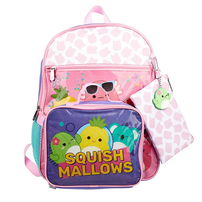 A pink and purple backpack with a pattern of animal characters, accompanied by a matching lunchbox and small pouch, all featuring the \“Squishmallows\“ brand design.