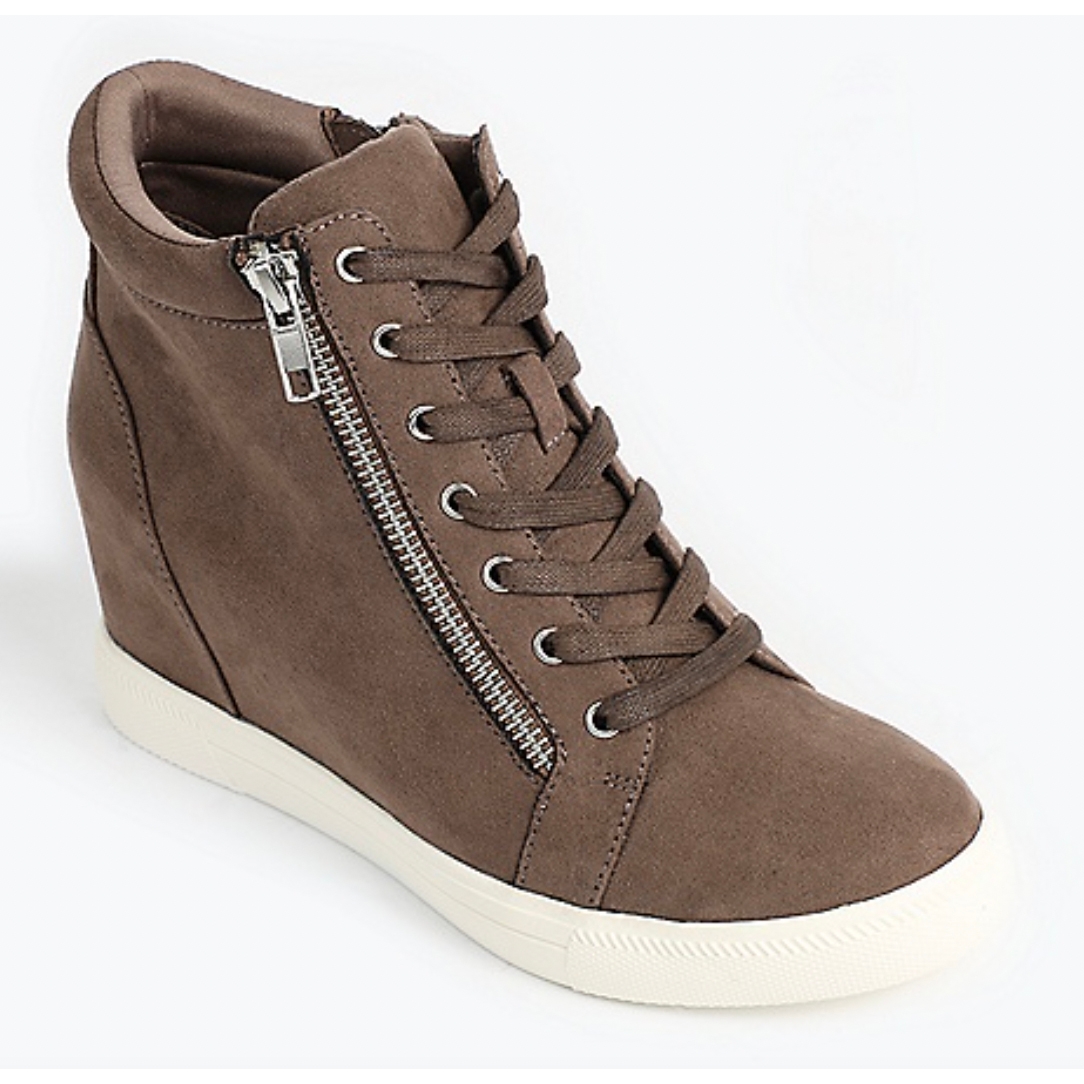 Brown women's wedge sneakers with a side zipper, lace-up front, and white rubber sole, featuring a hidden wedge heel for added height.