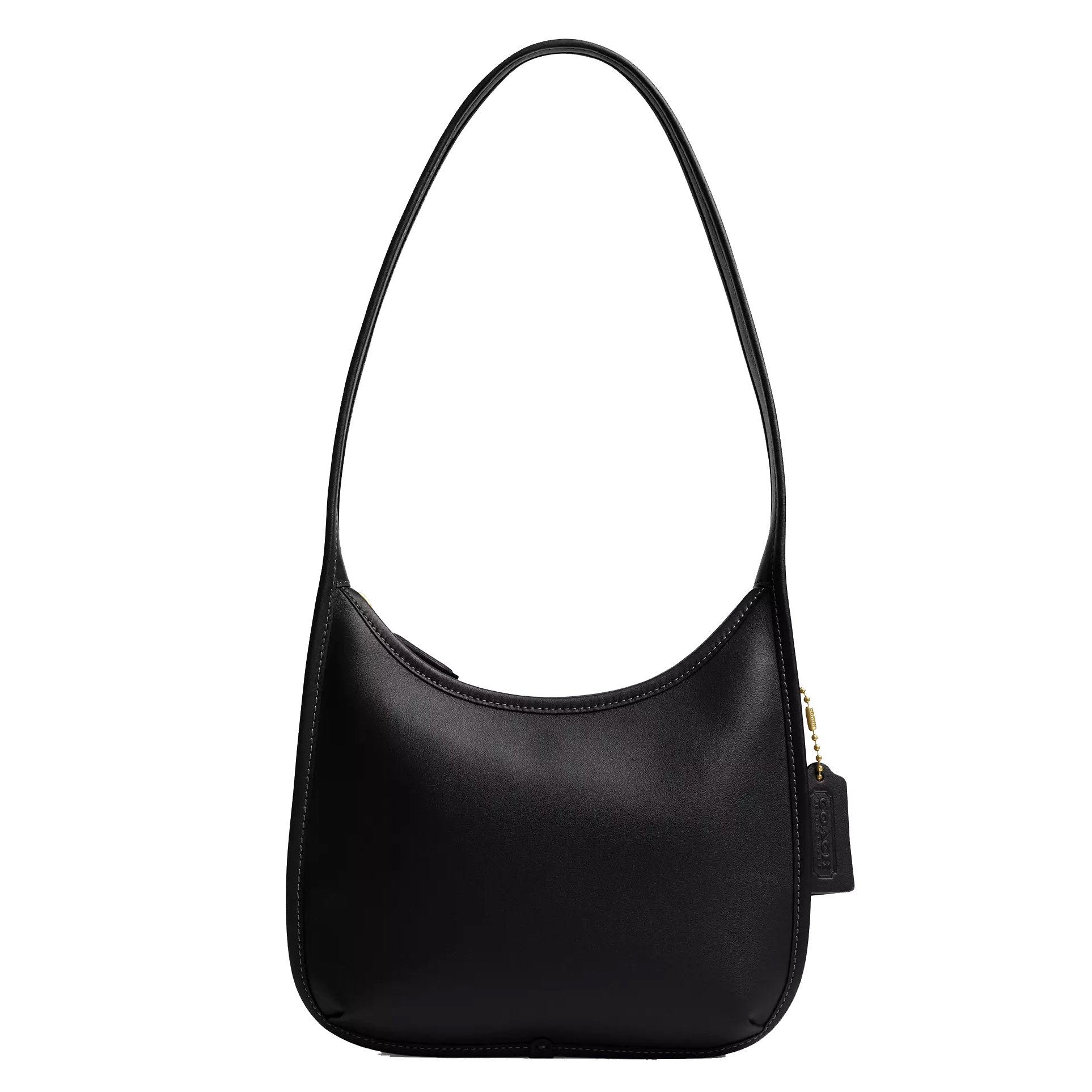 A black shoulder bag with a minimalist design, featuring a long strap and a gold zipper with a tag detail.