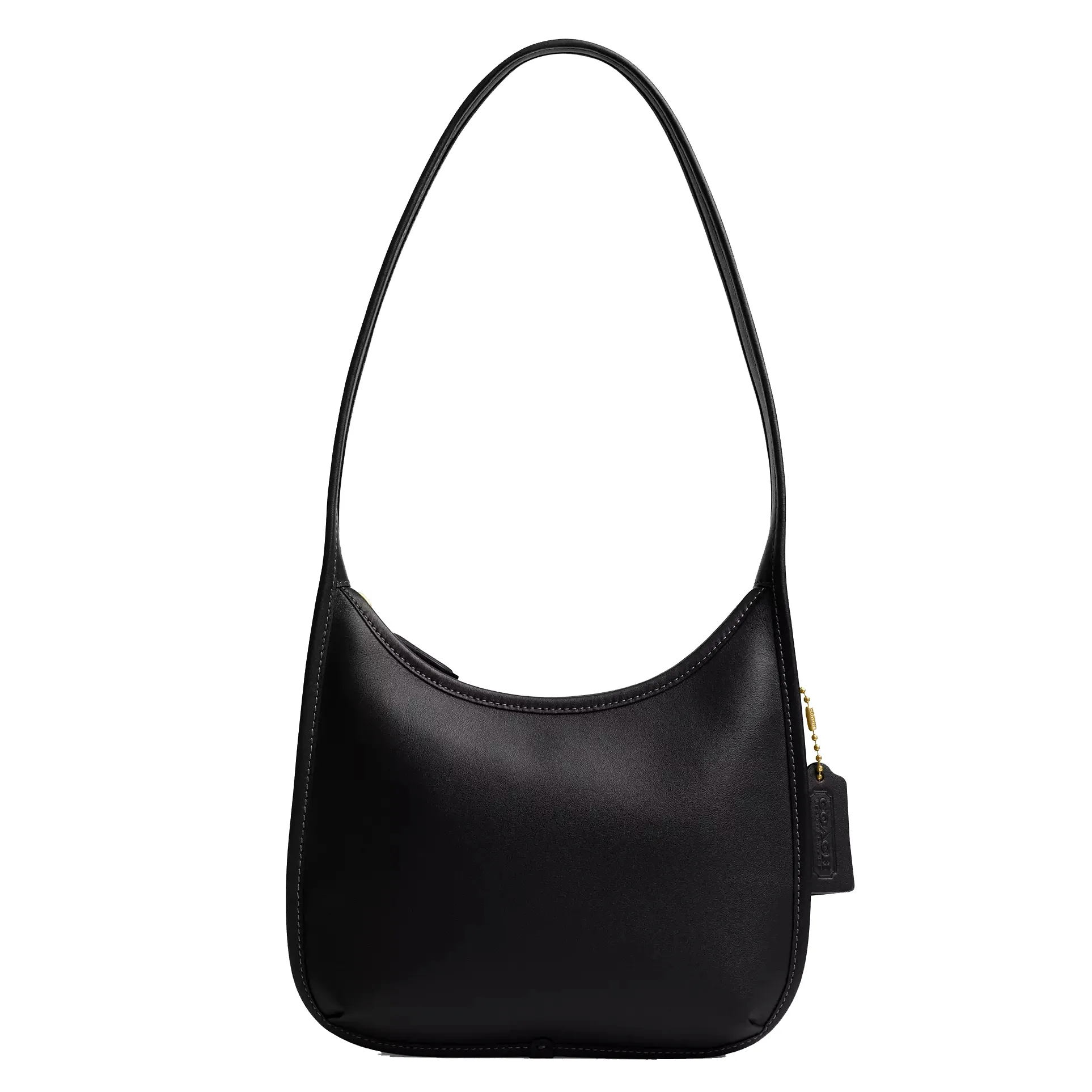 A black shoulder bag with a minimalist design, featuring a long strap and a gold zipper with a tag detail.