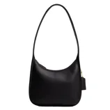 A black shoulder bag with a minimalist design, featuring a long strap and a gold zipper with a tag detail.