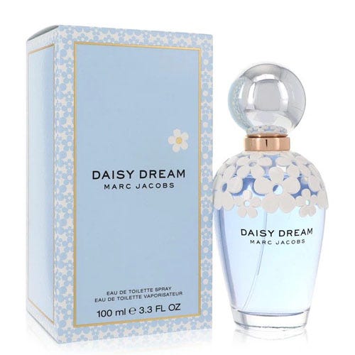 Daisy Dream by Marc Jacobs, 100 ml Eau de Toilette Spray, features a light blue bottle with daisy motifs and a matching box.