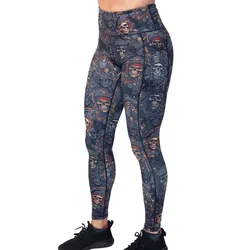 High-waisted leggings featuring a pirate-themed skull print in dark tones, worn with black sneakers.