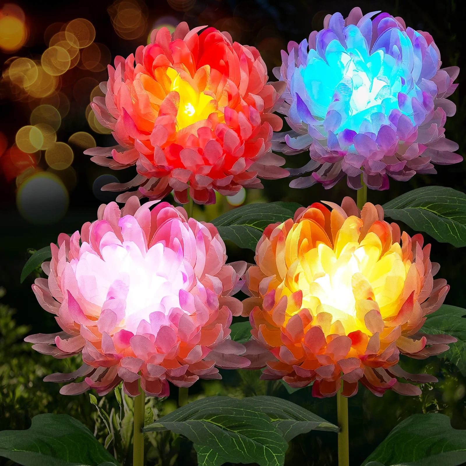 Four artificial LED-lit flowers with vibrant, multicolored petals are displayed against a dark background with soft light bokeh.