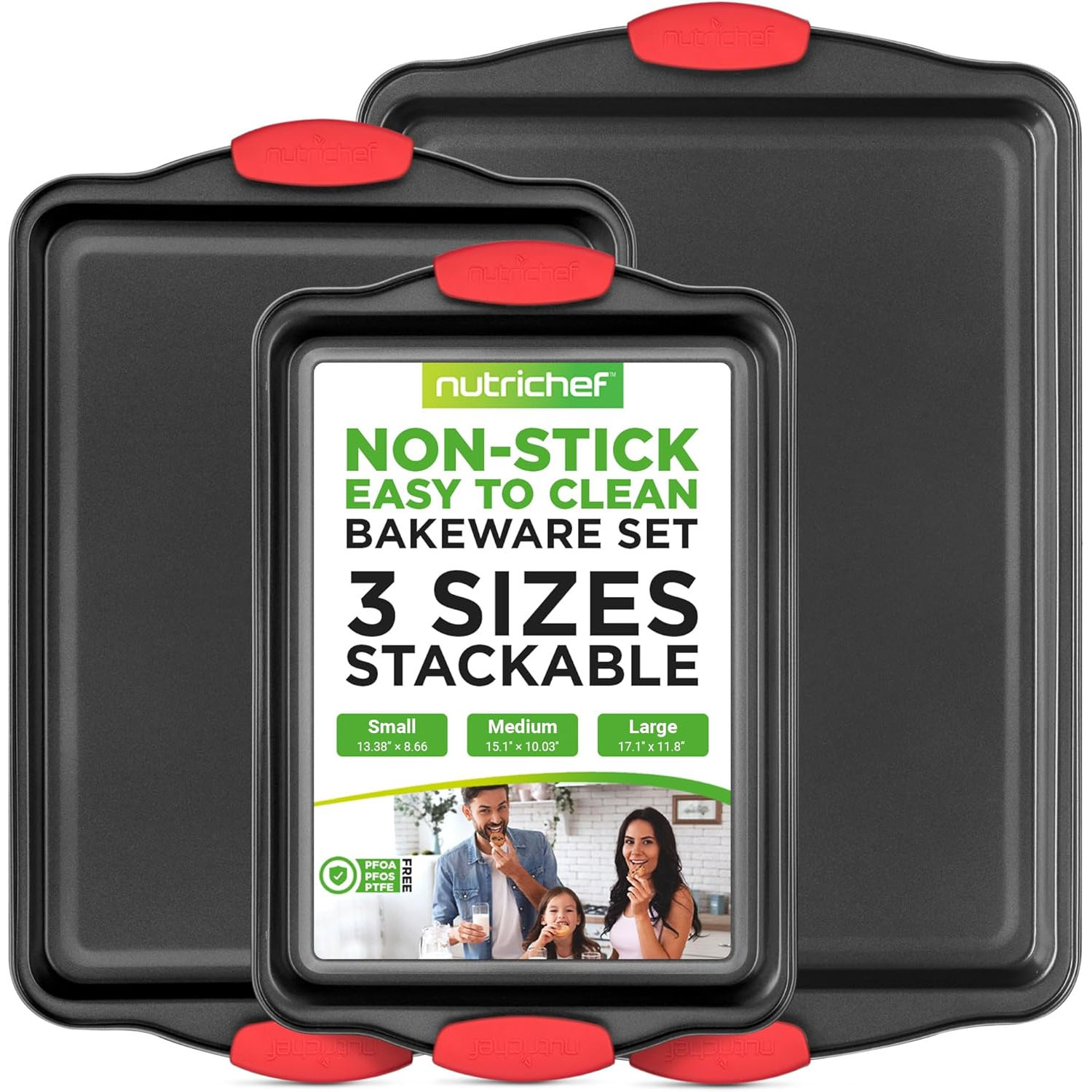 NutriChef non-stick, easy-to-clean bakeware set with three stackable sizes: Small (13.38\“x8.66\“), Medium (15.1\“x10.03\“), Large (17.1\“x11.8\“). Includes red silicone grips.