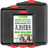 NutriChef non-stick, easy-to-clean bakeware set with three stackable sizes: Small (13.38\“x8.66\“), Medium (15.1\“x10.03\“), Large (17.1\“x11.8\“). Includes red silicone grips.
