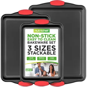 NutriChef non-stick, easy-to-clean bakeware set with three stackable sizes: Small (13.38\“x8.66\“), Medium (15.1\“x10.03\“), Large (17.1\“x11.8\“). Includes red silicone grips.