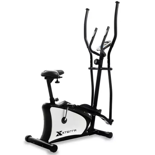 Xterra exercise equipment combining features of an elliptical and a stationary bike, designed for indoor workouts.