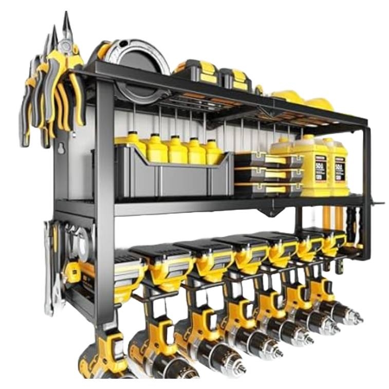 Wall-mounted tool organizer with shelves holding drills, batteries, and tools. Features hooks for pliers and slots for storing numerous containers and cases, mainly in yellow and black colors.