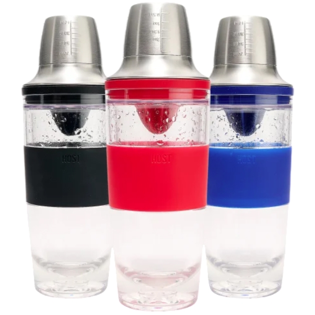 Set of three freezable cocktail shakers with stainless steel lids and colored grips in black, red, and blue. They are designed to keep drinks cold without dilution.