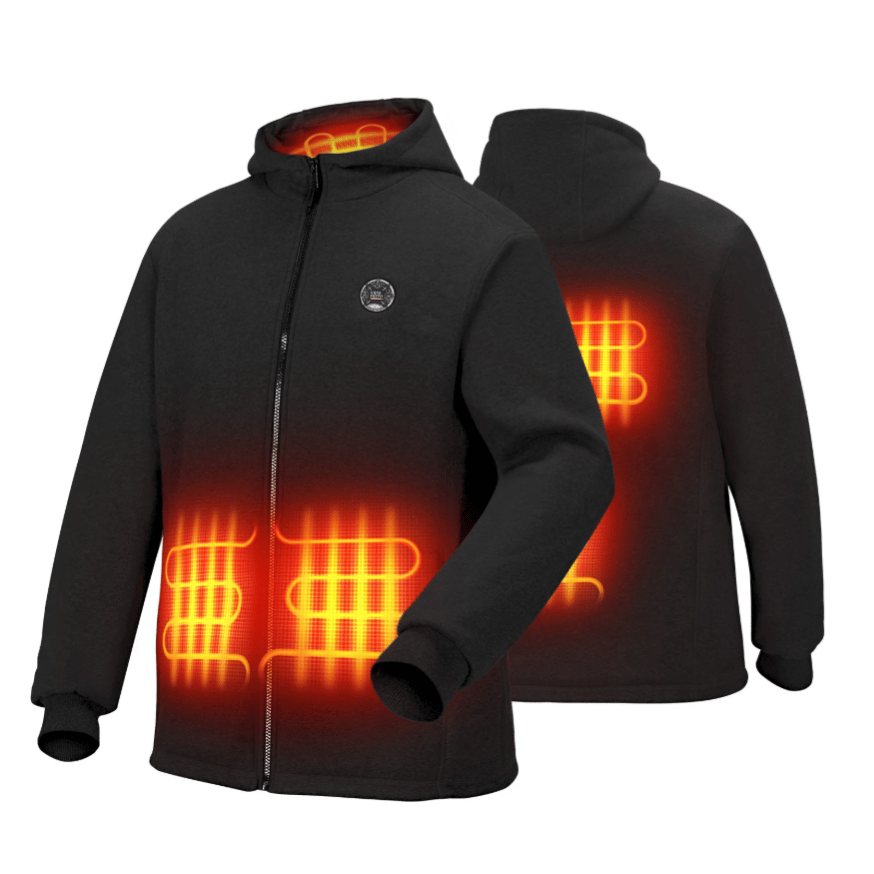 Heated jacket with visible orange heating elements, designed for warmth in cold conditions. Features a front zipper, hood, and heating zones on the front and back.