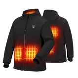 Heated jacket with visible orange heating elements, designed for warmth in cold conditions. Features a front zipper, hood, and heating zones on the front and back.