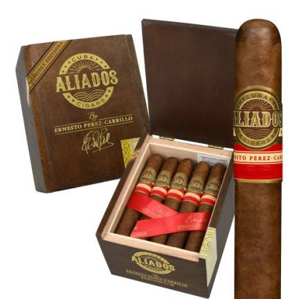 Pack of Cuban Aliados cigars by Ernesto Perez-Carrillo is shown. The box is open, revealing several cigars with a red band and gold label.
