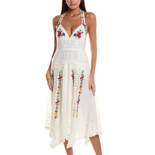 The Free People Midi Dress is a white halter dress featuring floral embroidery, lace detailing, and a pleated skirt. It has a fitted bodice and an asymmetrical hemline for a bohemian look.