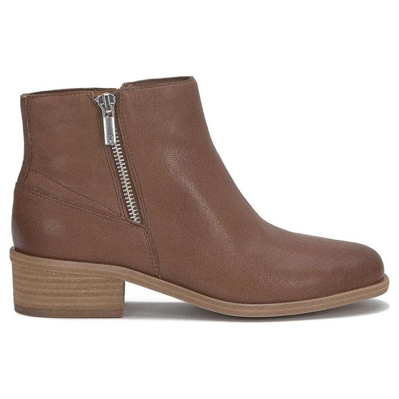 Brown ankle booties with a block heel, side zipper, and smooth finish.