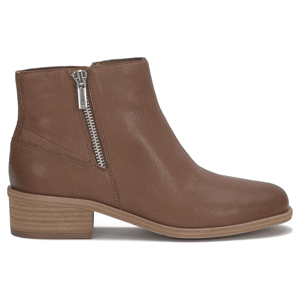 Brown ankle booties with a block heel, side zipper, and smooth finish.