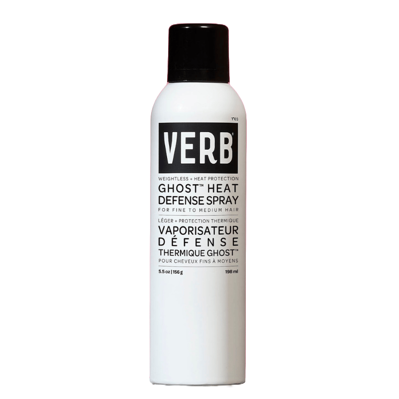Verb Ghost Heat Defense Spray, 198 ml, provides weightless heat protection for fine to medium hair.