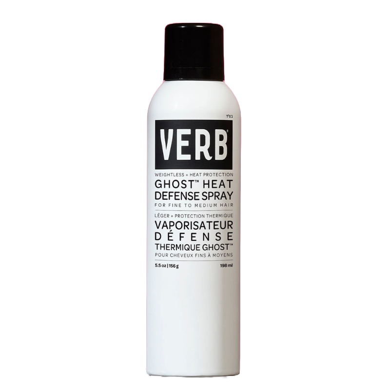Verb Ghost Heat Defense Spray, 198 ml, provides weightless heat protection for fine to medium hair.