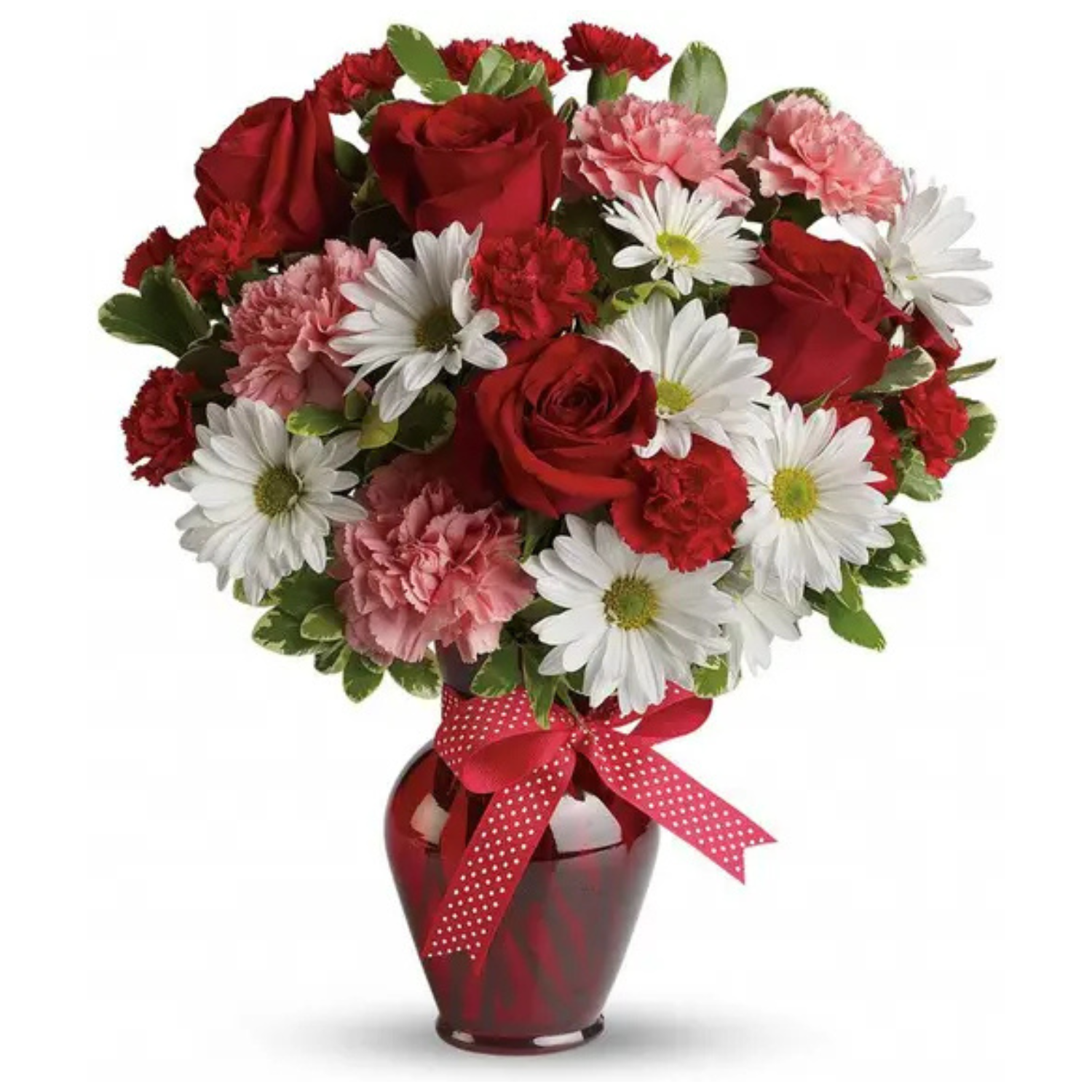 A bouquet featuring red roses, pink carnations, red carnations, and white daisies, arranged in a deep red vase adorned with a polka dot red ribbon.