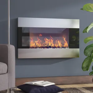 A wall-mounted electric fireplace with visible flames and a sleek silver and black design.
