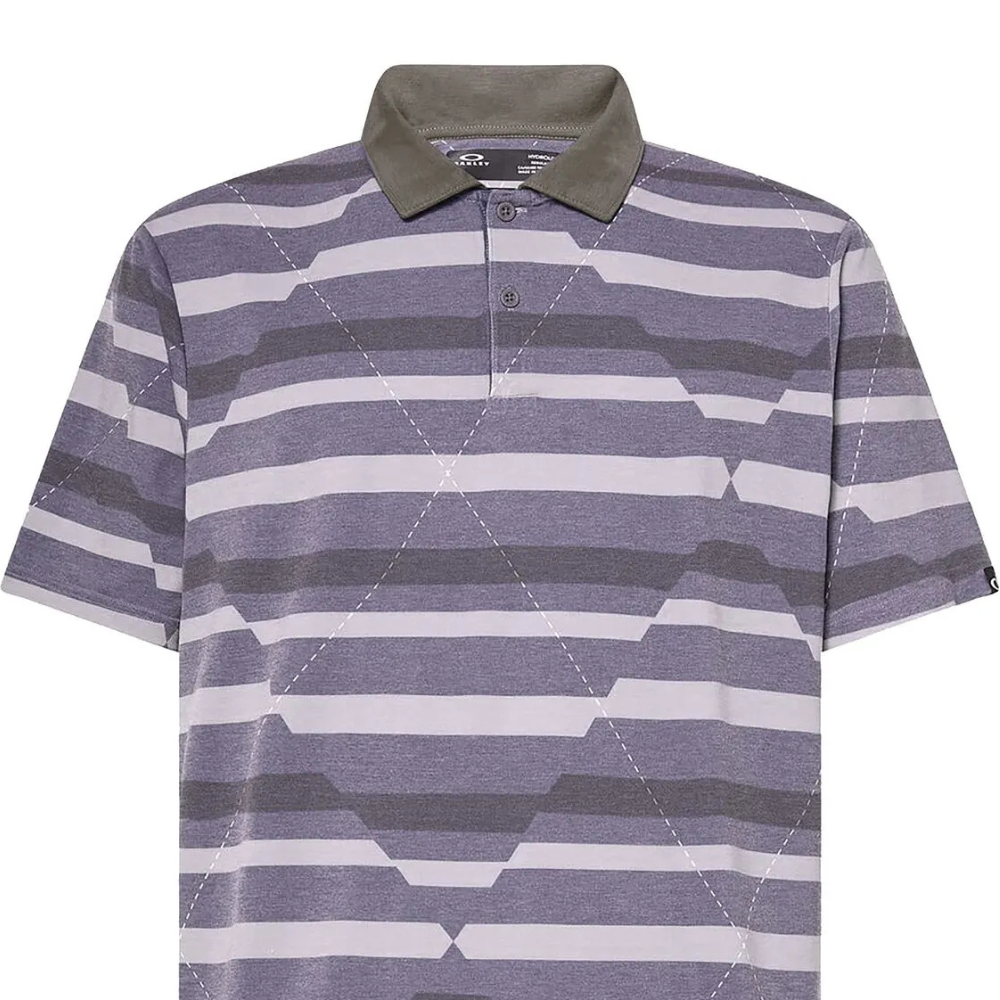 A striped purple and gray polo shirt with a buttoned collar and a subtle geometric pattern.