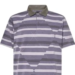A striped purple and gray polo shirt with a buttoned collar and a subtle geometric pattern.