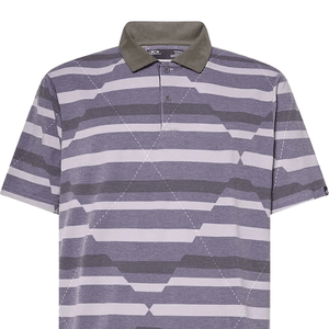 A striped purple and gray polo shirt with a buttoned collar and a subtle geometric pattern.