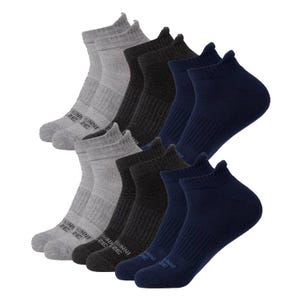 Six pairs of ankle socks in shades of gray, black, and navy.