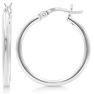 Large silver hoop earrings with a polished finish, featuring a latch-back closure for secure wear. Marked with \“925\“ indicating sterling silver quality.