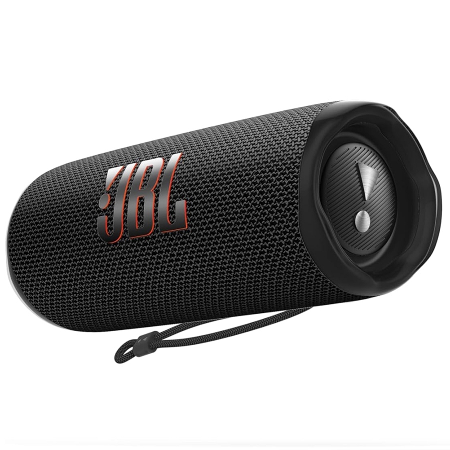 A black JBL waterproof portable Bluetooth speaker with a woven fabric cover and a cylindrical shape, featuring side passive radiators and a carrying loop.