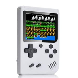A portable handheld gaming console displaying an action game on its screen.
