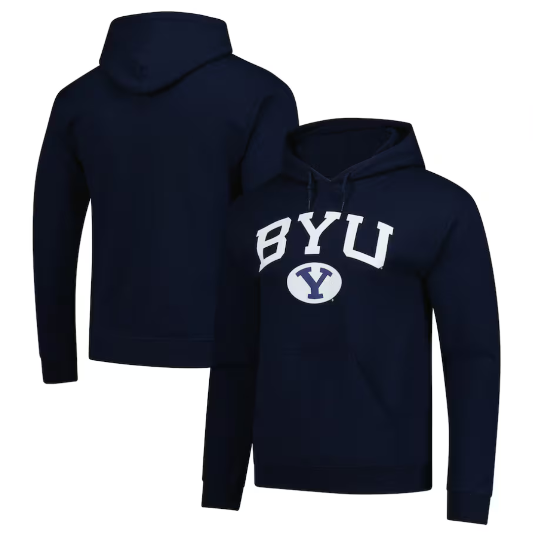 Navy blue BYU Cougars hoodie featuring \“BYU\“ text and a \“Y\“ logo on the front, with a drawstring hood and a front pocket. The back is plain.