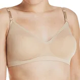 A beige, seamless, wire-free bra with adjustable straps designed for comfort and support.