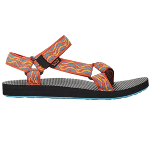 A sandal with colorful, wavy straps, a black footbed, and a Teva logo. It features an adjustable strap design for secure fit, ideal for casual or outdoor use.