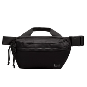 A black lululemon Large Belt Bag with a zippered front pocket, adjustable strap, and buckle closure. Features a small logo patch on the front.
