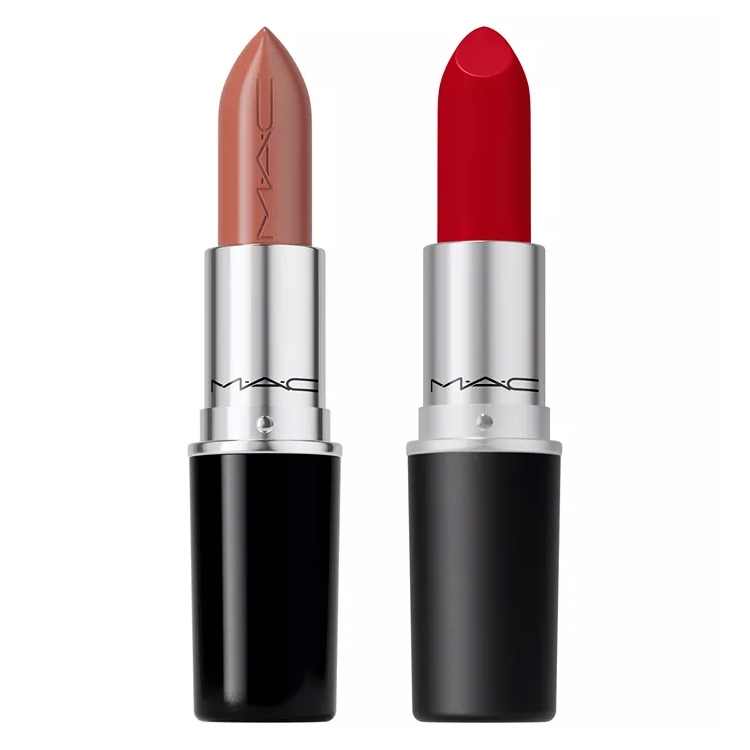 Two MAC lipsticks are shown: one in a nude shade and the other in a vibrant red. Both have a silver casing and black base.