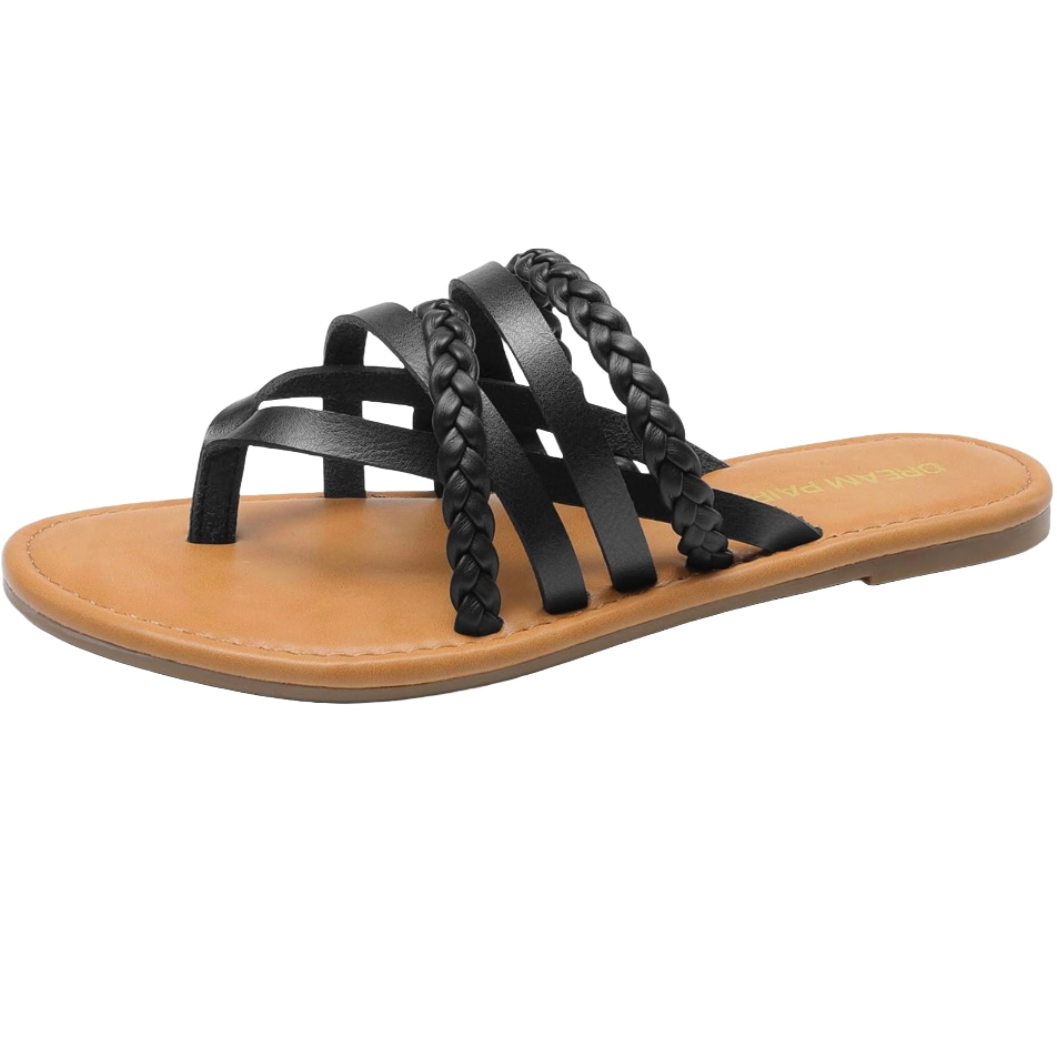 Women's thong sandals featuring a light brown sole and black woven straps with braided detailing for a stylish and casual look.